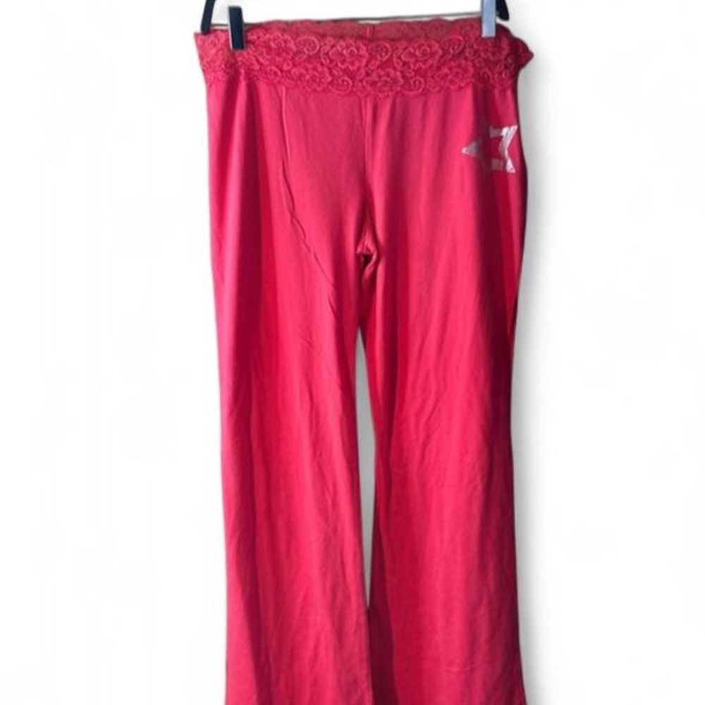 No Boundaries Y2K Pink Wide Leg Lounge Pants Lace Waist Star Size L 11-13